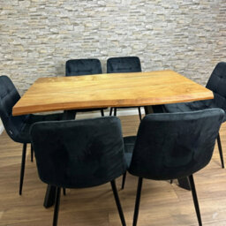 Doubs Dining Table Set With 6 Black Velvet Chairs 120Cm Natural Wood Table - thumbnail 3