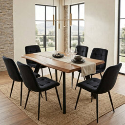 Doubs Dining Table Set With 6 Black Velvet Chairs 120Cm Natural Wood Table - thumbnail 1