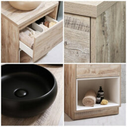 Homestylestore Light Oak 600mm Bathroom Vanity Unit Round Countertop Graphite Basin Open Shelf - thumbnail 2