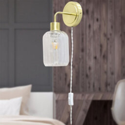 First Choice Lighting Toby - Satin Brass Plug In Wall Light With Lozenge Ribbed Glass Shade - thumbnail 3