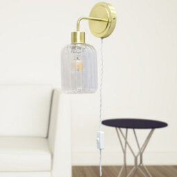 First Choice Lighting Toby - Satin Brass Plug In Wall Light With Lozenge Ribbed Glass Shade - thumbnail 4