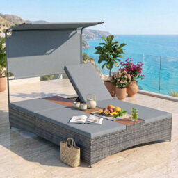 2 Person Rattan Sun Lounger With Canopy - thumbnail 3