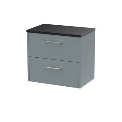 Nuie Hudson Reed Juno Wall Hung 2-Drawer Vanity Unit & Black Worktop, Stylish Countertop Basin Unit In Coastal Grey, 600mm - image 1