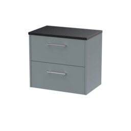 Nuie Hudson Reed Juno Wall Hung 2-Drawer Vanity Unit & Black Worktop, Stylish Countertop Basin Unit In Coastal Grey, 600mm