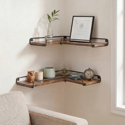 Levede Floating Shelves Set Of 2 L-Shaped Corner Shelves Wall Mounted Brown - image 1