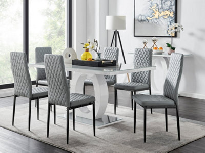 Furniturebox Giovani Rectangular 6 Seat White High Gloss Unique Halo Dining Table Grey Glass Top 6 Grey Faux Leather Black Leg Milan Chairs - image 1