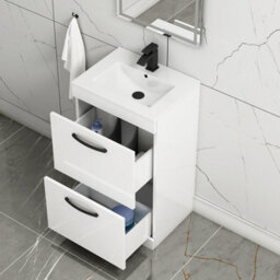 Royal Bathrooms Turin Gloss White 500mm Floor Standing Vanity Unit 2 Drawer With Minimalist Basin Sink & Matt Black Handles - thumbnail 5