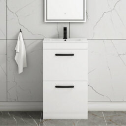 Royal Bathrooms Turin Gloss White 500mm Floor Standing Vanity Unit 2 Drawer With Minimalist Basin Sink & Matt Black Handles