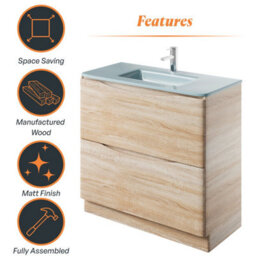 Plum&clay Eden Light Oak Floorstanding Vanity Unit With White Glass Basin (W)900mm - thumbnail 8