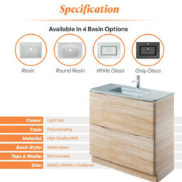 Plum&clay Eden Light Oak Floorstanding Vanity Unit With White Glass Basin (W)900mm - thumbnail 7