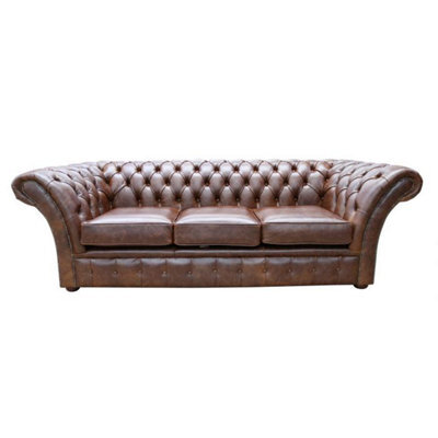 Chesterfield 3 Seater New England Texas Brown Leather Sofa Settee In Balmoral Style - image 1