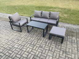 Fimous Aluminium Outdoor Garden Furniture Set Patio Lounge Sofa With Oblong Coffee Table Big Footstool Armchair Dark Grey - thumbnail 2