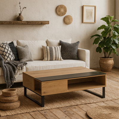 Wyld Haus Malta Lift-Up Coffee Table - Black Glass Top And Natural Oak Effect Base - image 1