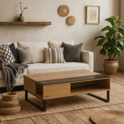 Wyld Haus Malta Lift-Up Coffee Table - Black Glass Top And Natural Oak Effect Base