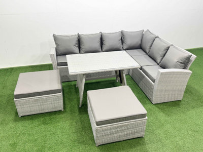 Fimous 8 Seater Garden Outdoor Rattan Furniture Set Rattan Corner Sofa Oblong Dining Table Set With 2 Big Footstools Light Grey - image 1