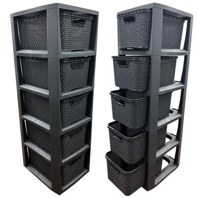 Pluto Packaging 2 X 5 Drawer Grey Stylish Rattan Effect Commode Baskets Home Office Storage Units - image 1
