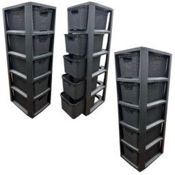 Pluto Packaging 2 X 5 Drawer Grey Stylish Rattan Effect Commode Baskets Home Office Storage Units - thumbnail 2
