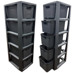 Pluto Packaging 2 X 5 Drawer Grey Stylish Rattan Effect Commode Baskets Home Office Storage Units - thumbnail 1