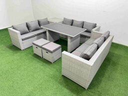Fimous Patio Outdoor Garden Furniture Sets With Black Glass Top Dining Table 3 Seater Sofa Side Table 2 Small Stool Light Grey - thumbnail 2