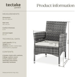 Tectake Garden Chair Nantes Set Of 2 - Weather & Uv-Resistant, 2 Sets Of Cushion Covers - Grey/light Grey - 2 - thumbnail 6
