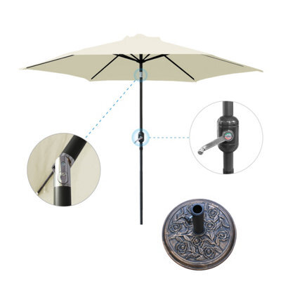 VRUC 2.5M Cream Outdoor Parasol - Crank Up & Tilt Garden Parasol Umbrella And Base