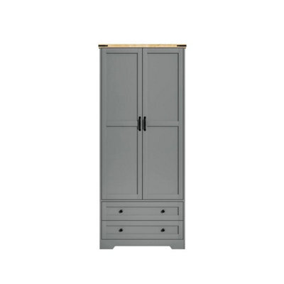 Grey 2 Door 2 Drawer Panelled Wardrobe W/ Top Hanging Rail Freestanding Storage - image 1
