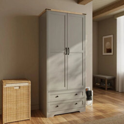 Grey  2 Door 2 Drawer Panelled Wardrobe W/ Top Hanging Rail Freestanding Storage - thumbnail 4