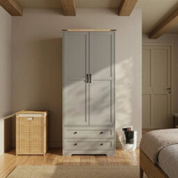 Grey  2 Door 2 Drawer Panelled Wardrobe W/ Top Hanging Rail Freestanding Storage - thumbnail 3