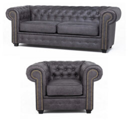 Astor Chesterfield Style Sofa Set 2+1 Seater Armchair Astor Grey Faux Leather - thumbnail 2