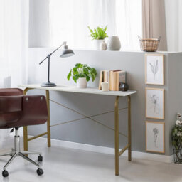 Teamson Home Modern Wooden Home Office Computer Desk With White Faux Marble Top And Brass Metal Frame - 100 X 40 X 73.6 (Cm)