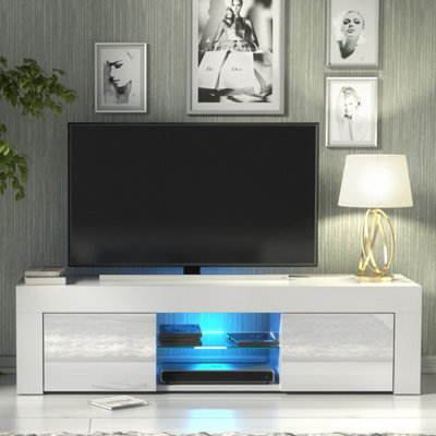 Creative Furniture Loom Tv Unit 130Cm - White With Gloss Doors And Led Lights - image 1