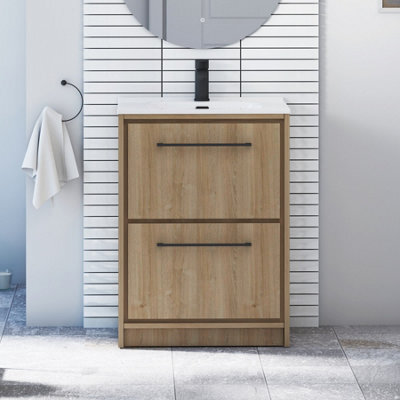 Royal Bathrooms Livora 600mm Natural Oak Floor Standing Bathroom Vanity Unit 2 Drawer With Ceramic Basin & Matt Black Handle - image 1