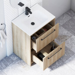 Royal Bathrooms Livora 600mm Natural Oak Floor Standing Bathroom Vanity Unit 2 Drawer With Ceramic Basin & Matt Black Handle - thumbnail 4
