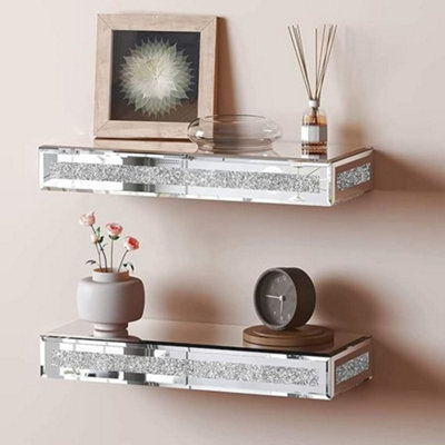 Biznest Mirrored Crushed Diamond Floating Wall Mounted Shelf Glitz Sparkle 40Cm