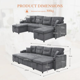 Btm 4 Seater Fabric Sofa Bed, Dual Chaise Lounges With Storage, Cup Holders, Usb Ports  And Pull Out Bed, Dark Grey - thumbnail 3
