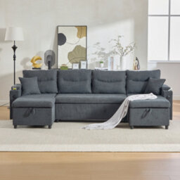 Btm 4 Seater Fabric Sofa Bed, Dual Chaise Lounges With Storage, Cup Holders, Usb Ports  And Pull Out Bed, Dark Grey - thumbnail 4