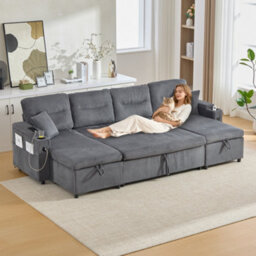 Btm 4 Seater Fabric Sofa Bed, Dual Chaise Lounges With Storage, Cup Holders, Usb Ports  And Pull Out Bed, Dark Grey - thumbnail 1
