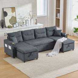 Btm 4 Seater Fabric Sofa Bed, Dual Chaise Lounges With Storage, Cup Holders, Usb Ports  And Pull Out Bed, Dark Grey - thumbnail 2