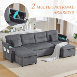 Btm 4 Seater Fabric Sofa Bed, Dual Chaise Lounges With Storage, Cup Holders, Usb Ports  And Pull Out Bed, Dark Grey - thumbnail 7