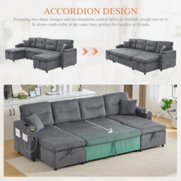 Btm 4 Seater Fabric Sofa Bed, Dual Chaise Lounges With Storage, Cup Holders, Usb Ports  And Pull Out Bed, Dark Grey - thumbnail 6