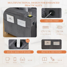 Btm 4 Seater Fabric Sofa Bed, Dual Chaise Lounges With Storage, Cup Holders, Usb Ports  And Pull Out Bed, Dark Grey - thumbnail 9