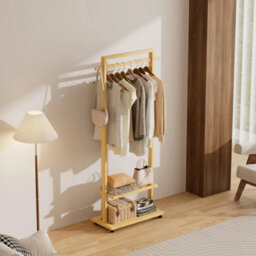 Natural Heavy Duty Bamboo Clothes Rail Rack Garment Hanging Stand Wood Wardrobe + Wheels - thumbnail 6