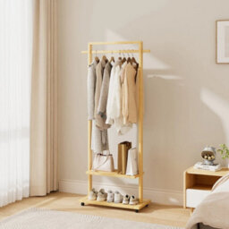 Natural Heavy Duty Bamboo Clothes Rail Rack Garment Hanging Stand Wood Wardrobe + Wheels - thumbnail 5