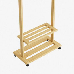 Natural Heavy Duty Bamboo Clothes Rail Rack Garment Hanging Stand Wood Wardrobe + Wheels - thumbnail 2