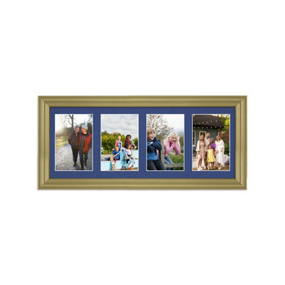 AK Frames 50X20Cm Gold Classic Multi Photo Frame With Blue Mount - Holds 4 Apertures (4X) 6X4 Photos - image 1