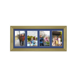 AK Frames 50X20Cm Gold Classic Multi Photo Frame With Blue Mount - Holds 4 Apertures (4X) 6X4 Photos - thumbnail 1