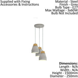 Stylish 3 Bulb Pendant Ceiling Light In Brown Wood And Grey Concrete - thumbnail 2