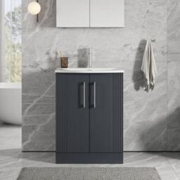 Balterley Belvide Partial Fluted 2 Door Floor Standing Vanity Unit With 1 Tap Hole Curved Basin- 600mm - Satin Dark Grey - thumbnail 2