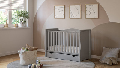 VICULII Willow Grey Sleigh Mini Cot Bed With Drawer And Pocket Sprung Hypoallergenic 120 X 60 Cm - image 1