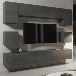 Panorama Wall Tv Unit Dark Grey With High Gloss Doors And Led Lighting - Creative Furniture - thumbnail 3